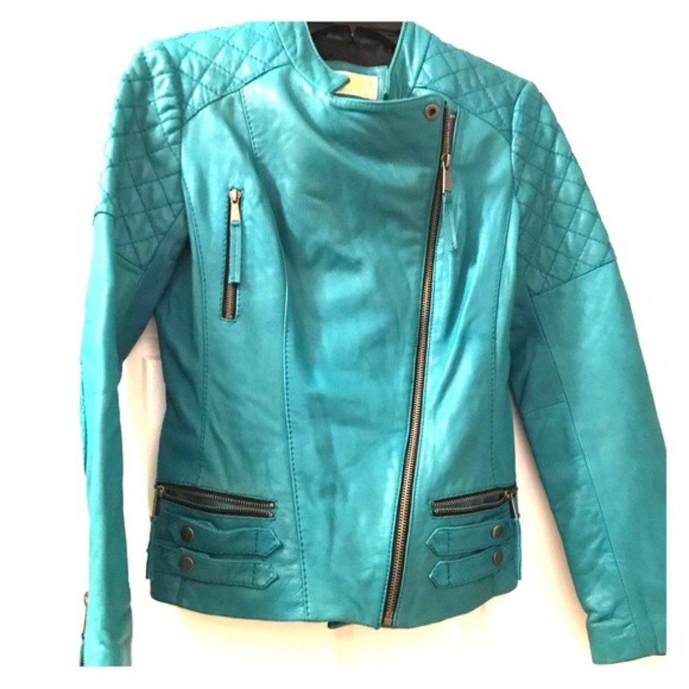 NWT Michael Kors Jackets Leather Moto Jacket Turquoise Quilted-leather